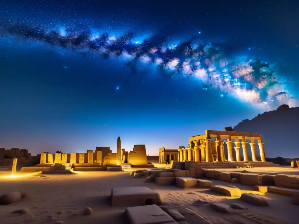 Majestuosidad de la astronomía egipcia: estrellas Nilo iluminan templo de Karnak bajo la noche estrellada