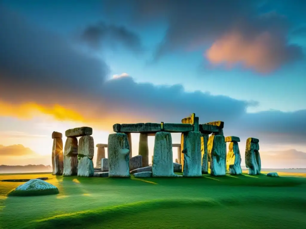 Majestuosidad en Stonehenge al atardecer, las antiguas piedras se yerguen en misterio bajo un cielo dramático