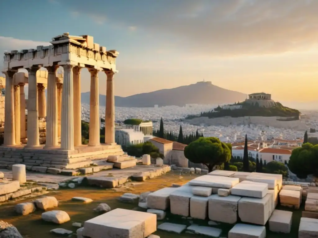 La majestuosidad de la Ágora de Atenas al atardecer, reflejando los fundamentos éticos de la democracia griega