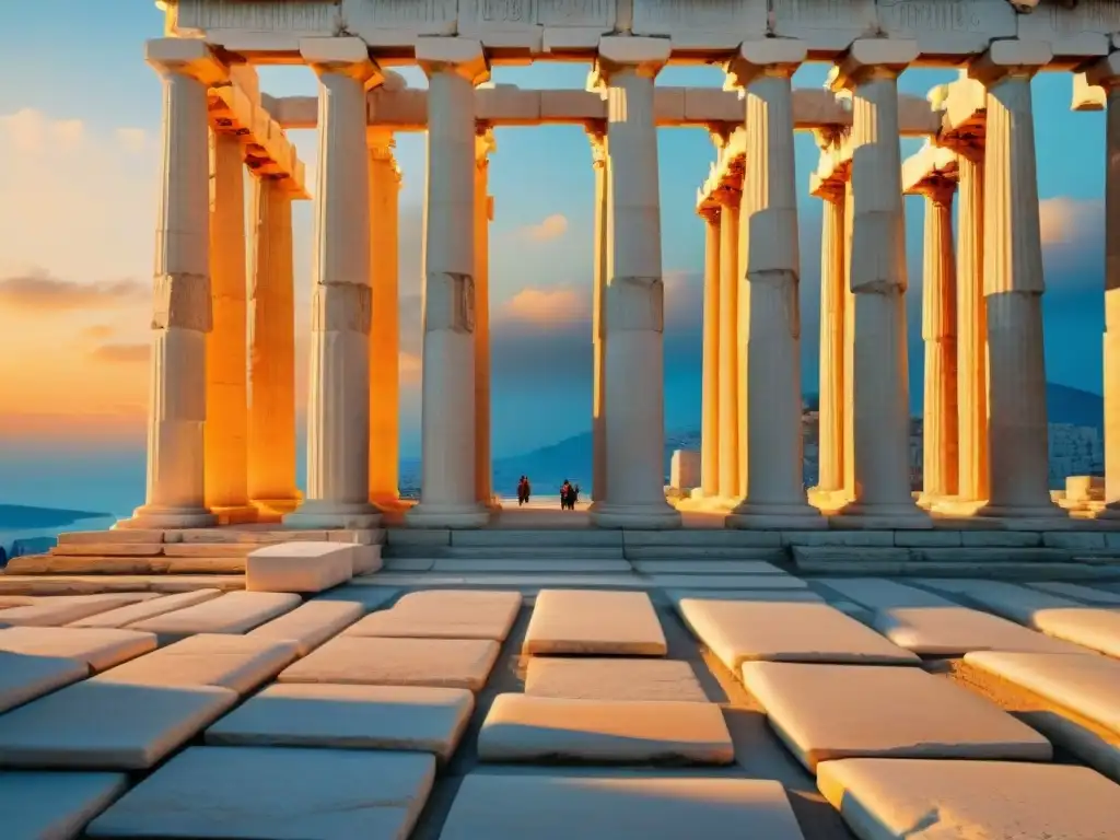 La majestuosidad de las columnas del Partenón al atardecer, iluminando las intrincadas esculturas y mostrando la historia y arquitectura del Partenón