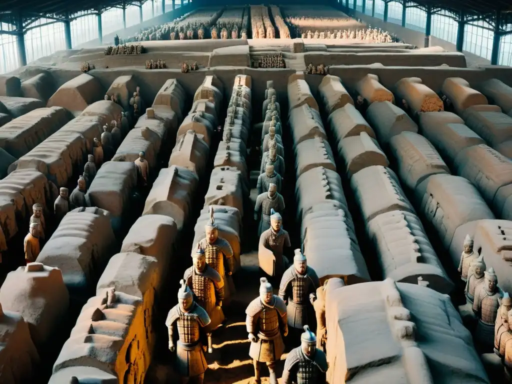 Explora la majestuosidad del Ejército de Terracota en Xi'an, China, con esculturas de guerreros chinos antiguos a tamaño real, reflejando la importancia de la Mitología y Astrología China Antigua