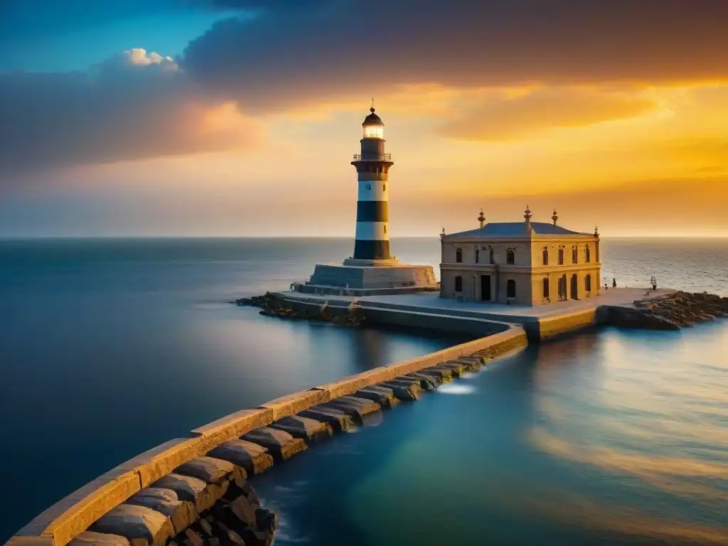 Descubre la majestuosidad del Faro de Alejandría al anochecer, con una vista panorámica detallada de la antigua ciudad