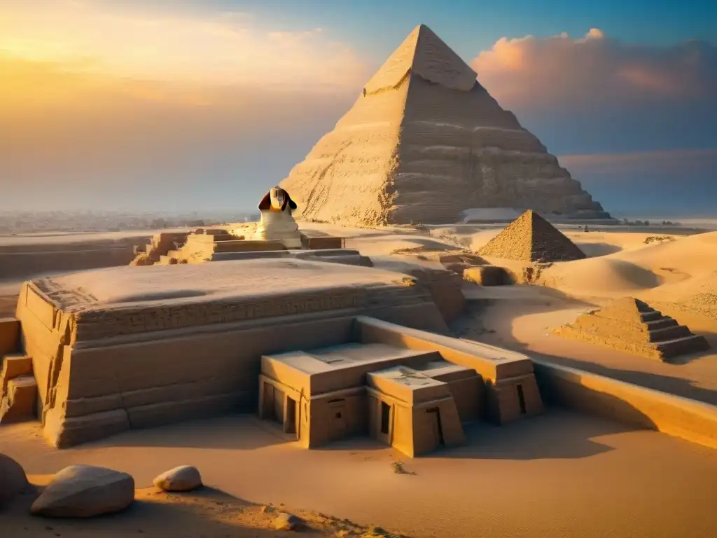 La majestuosidad del Gran Esfinge de Giza al atardecer, destacando sus detalladas esculturas y la calidez dorada