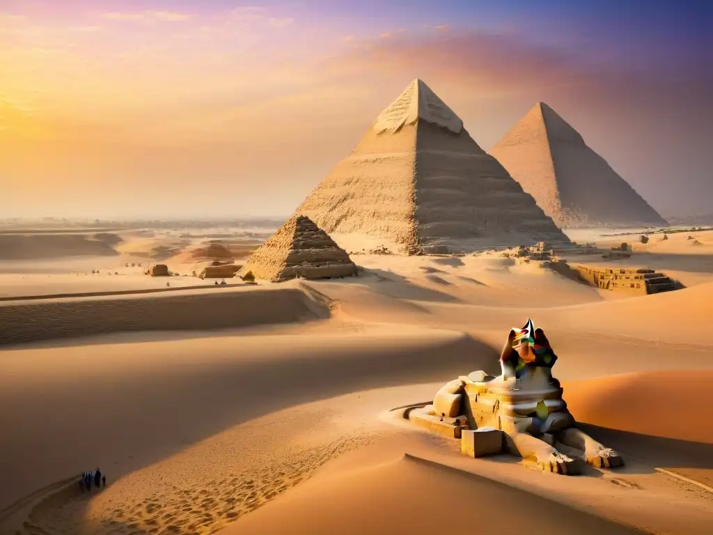 La majestuosidad del Gran Esfinge de Giza al atardecer, con su sombra sobre las doradas arenas del desierto, iluminado por el sol poniente