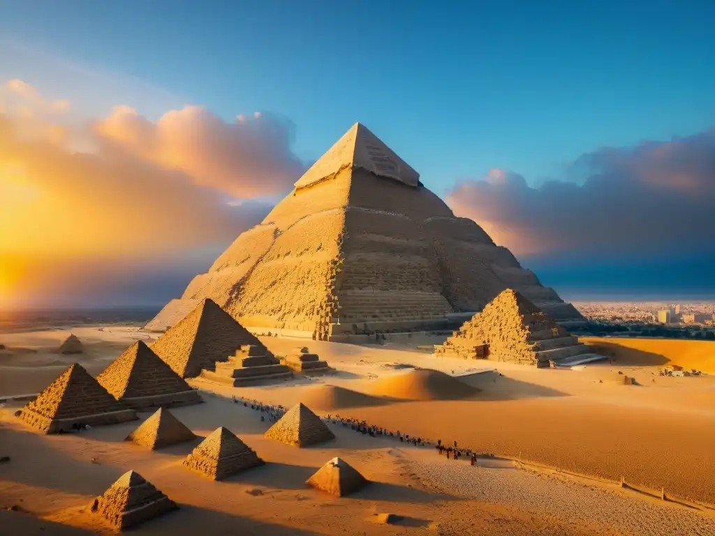 La majestuosidad de la Gran Pirámide de Keops al atardecer en la Necrópolis de Giza, resaltando la vida, muerte y rebirth