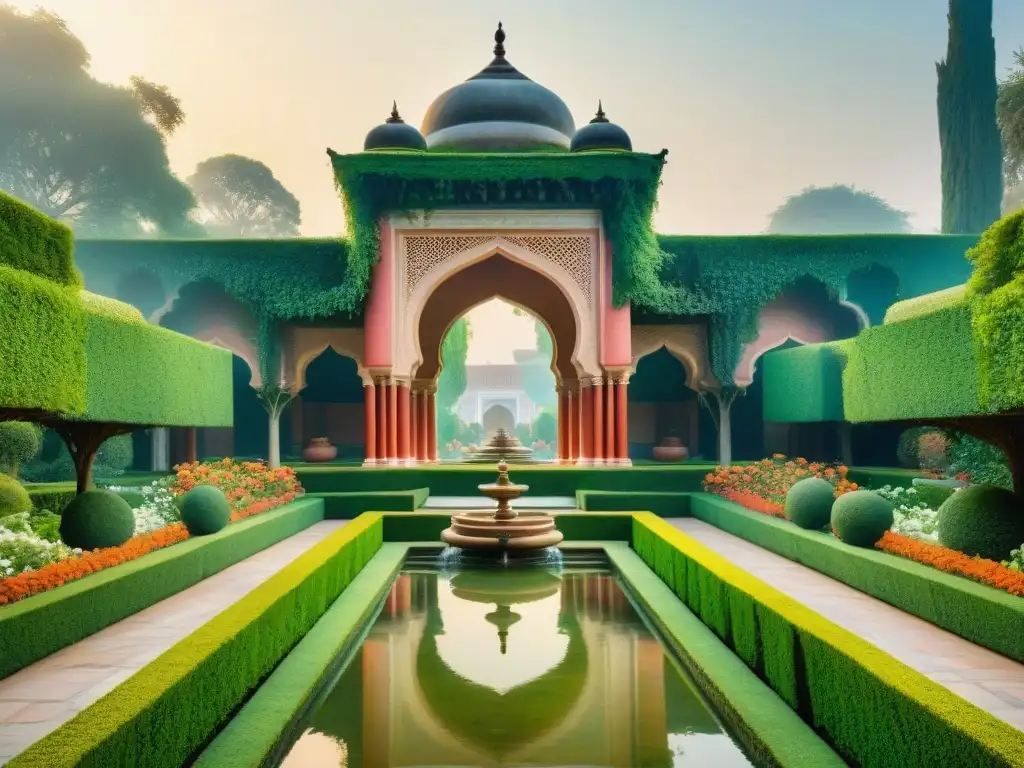 Explora la majestuosidad de los Jardines colgantes Semiramis India con exuberante vegetación, flores vibrantes y arquitectura persa