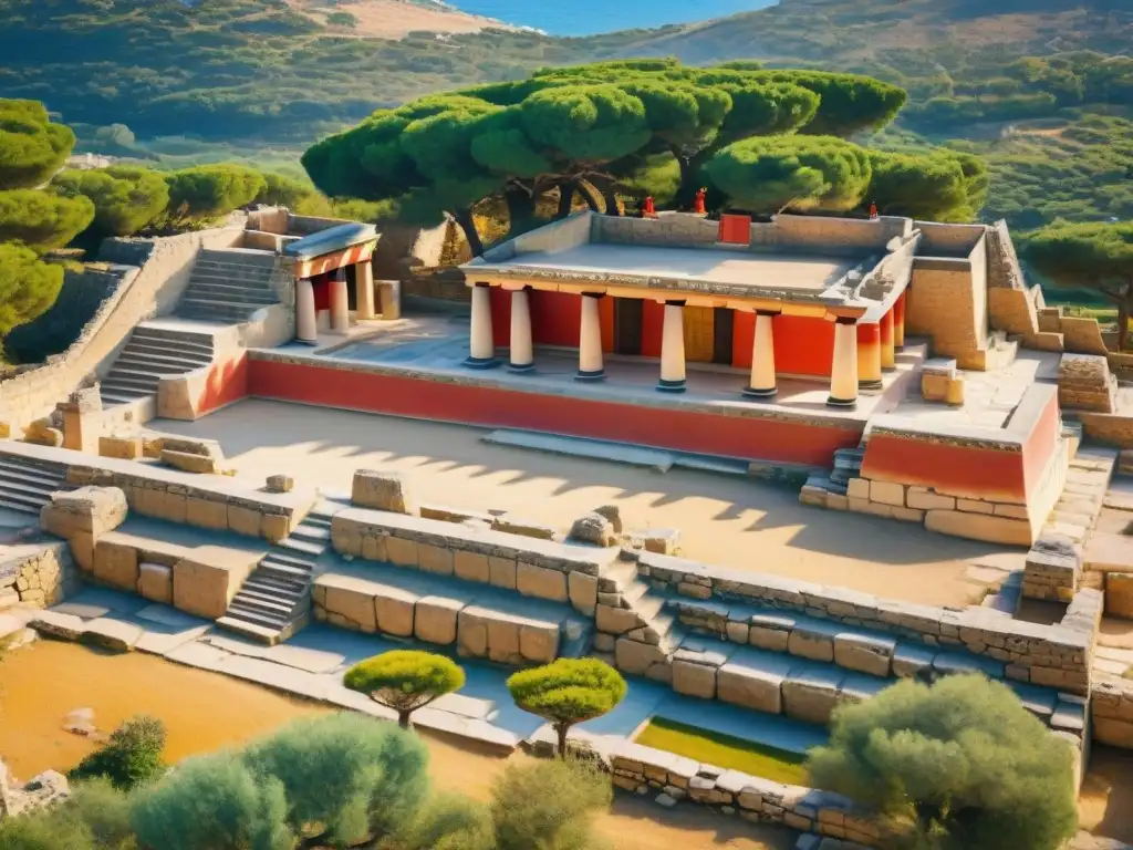 Descubre la majestuosidad de Knossos al atardecer, con sus columnas rojas y laberínticos pasillos