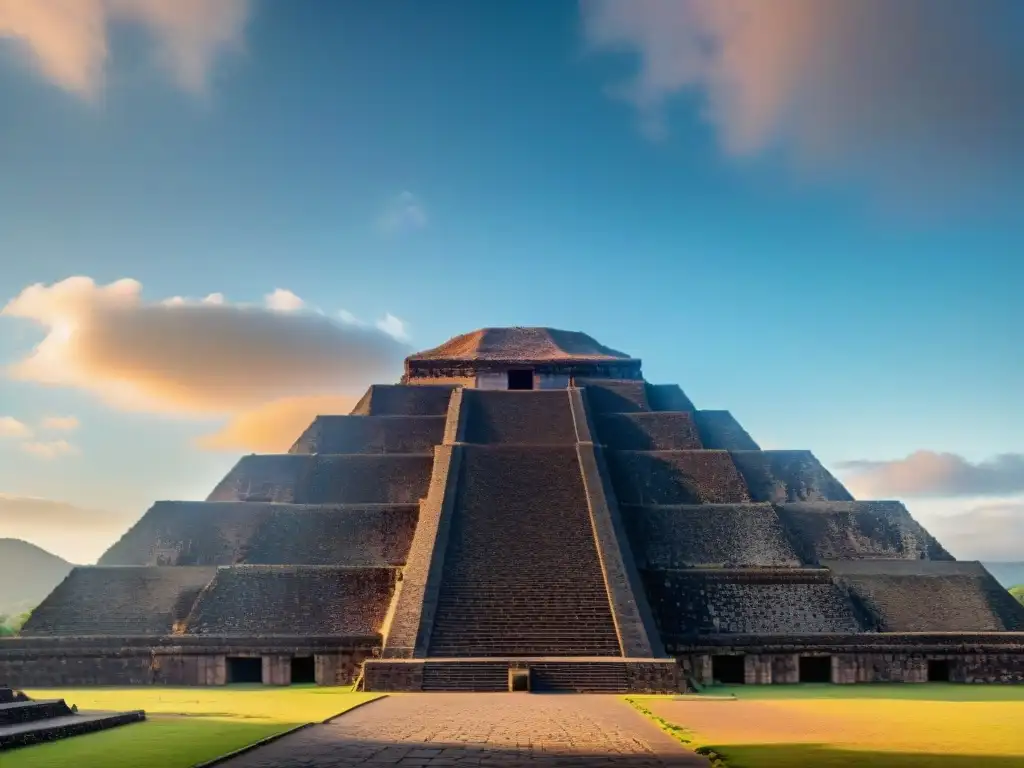 La majestuosidad y misticismo de la Pirámide del Sol en Teotihuacán al atardecer, evocando propósito y simbolismo pirámides América