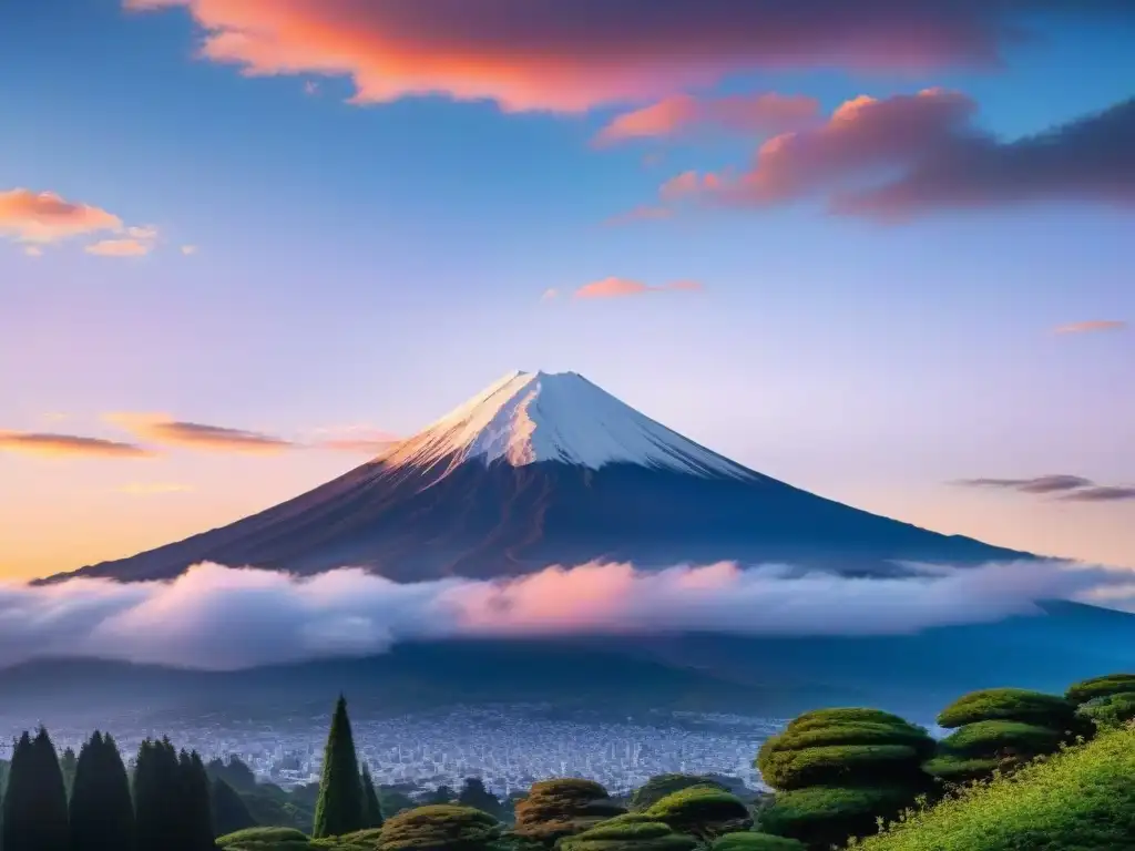 La majestuosidad del Monte Fuji al amanecer, con tonos naranjas y rosas pintando el cielo, enmarcado por exuberante vegetación