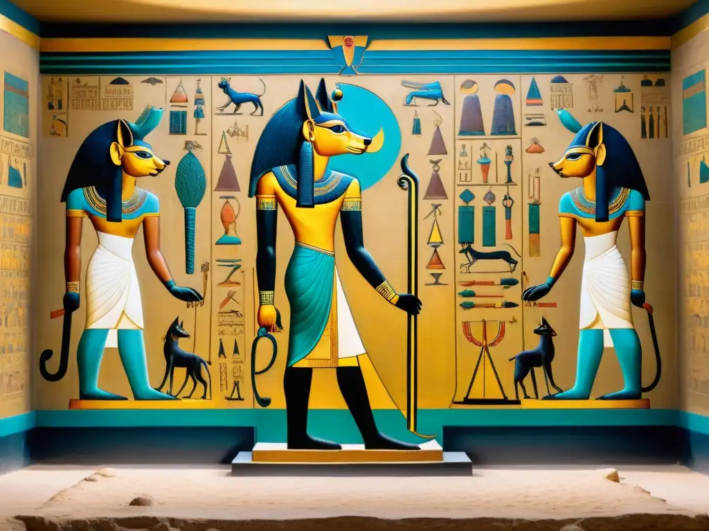 La majestuosidad de Anubis en el mural del poder de los Dioses Híbridos