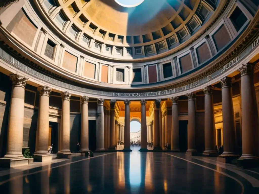 La majestuosidad del Panteón en Roma, con su icónica cúpula y columnas corintias bajo la luz del sol