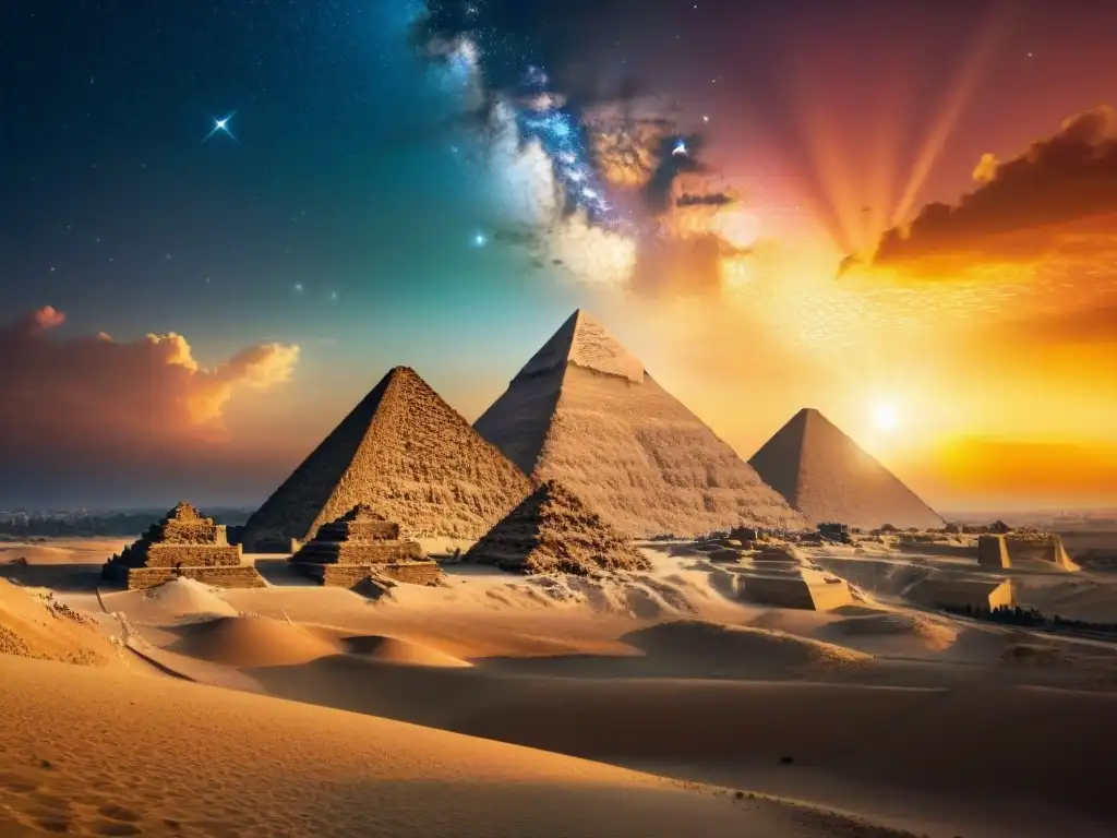 Majestuosidad de las Pirámides de Giza al atardecer con constelaciones, reflejando la Astronomía en el Antiguo Egipto