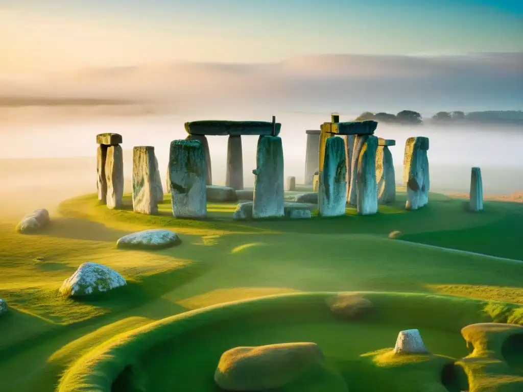 Majestuosidad del poder espiritual de Stonehenge al amanecer, en medio de la bruma matutina