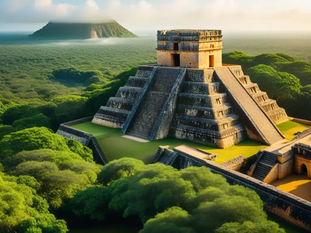 La majestuosidad de las ruinas de Uxmal al atardecer, destacando las intrincadas carvings en la Pirámide del Adivino