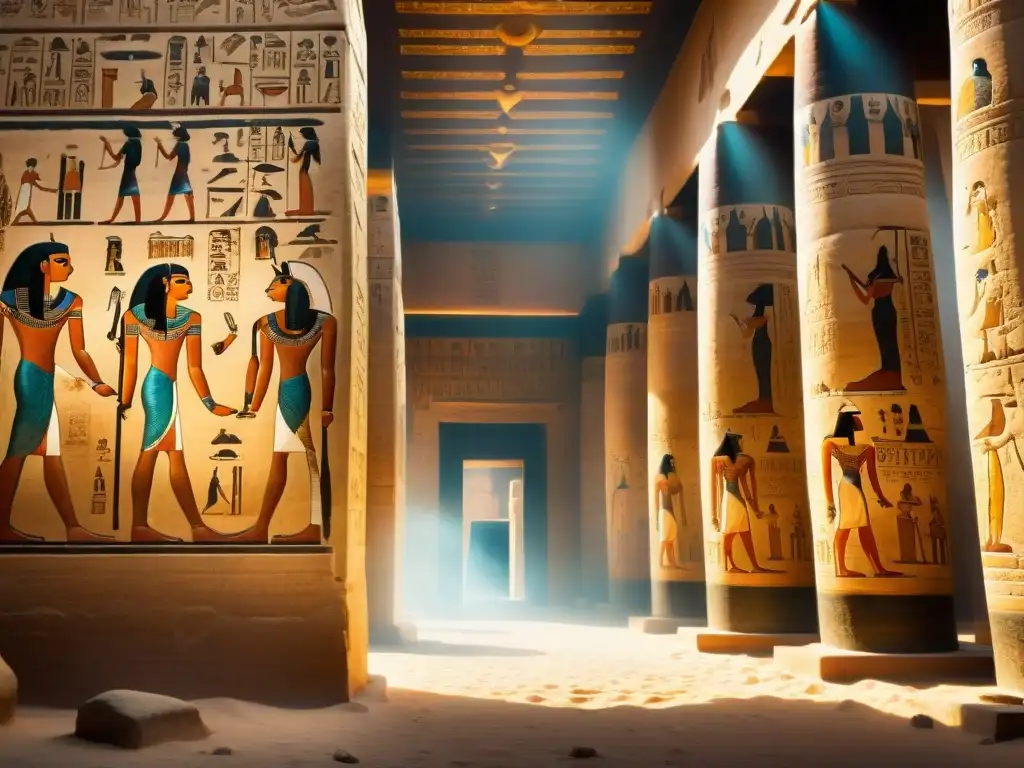 Majestuosidad de un templo egipcio antiguo iluminado por el sol, con jeroglíficos detallados y escenas de magia religión antiguo Egipto