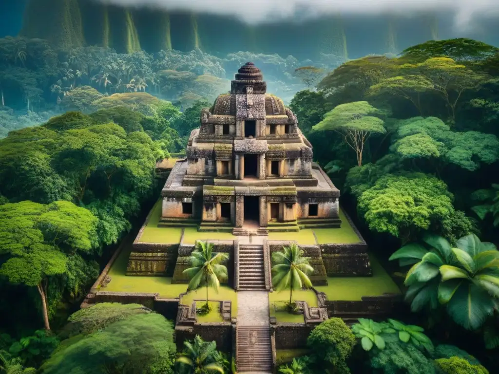Descubre la majestuosidad de un templo precolombino oculto en la selva, con estructuras de piedra rodeadas de naturaleza exuberante