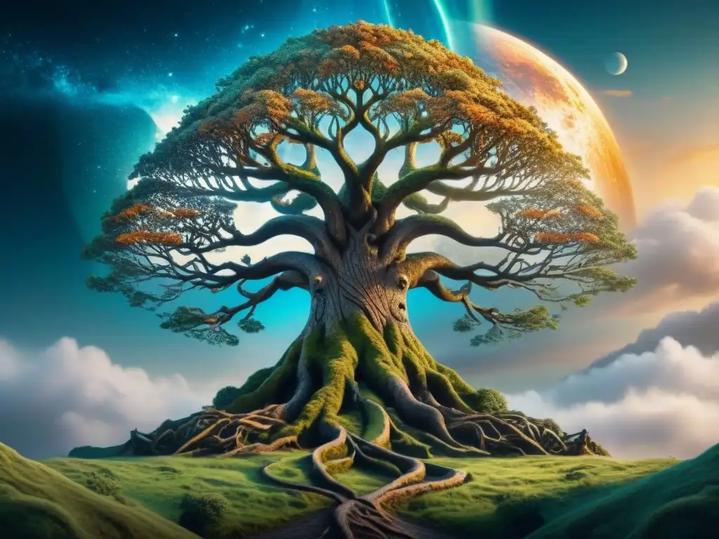 La majestuosidad de Yggdrasil, el Árbol del Mundo en la mitología nórdica, desplegando su poder y significado en el cosmos