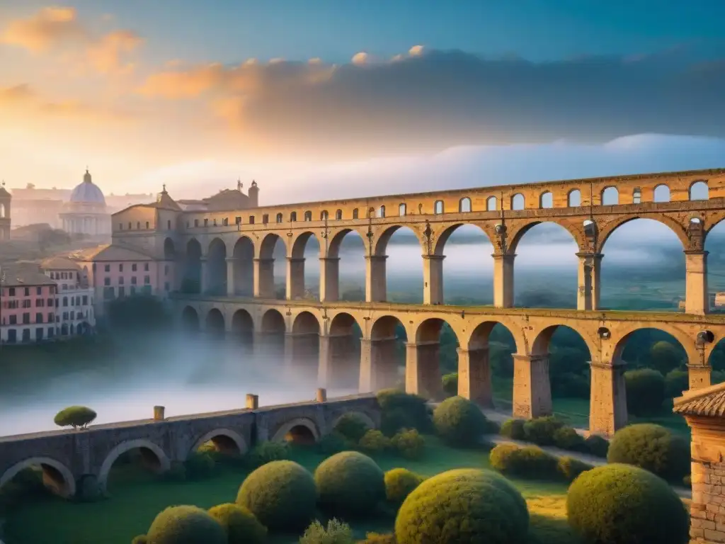 Un majestuoso acueducto romano en una ciudad moderna, fusionando la filosofía antigua en la vida moderna