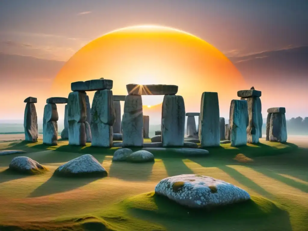 Majestuoso Stonehenge en amanecer, alineado con el sol en solsticio de verano