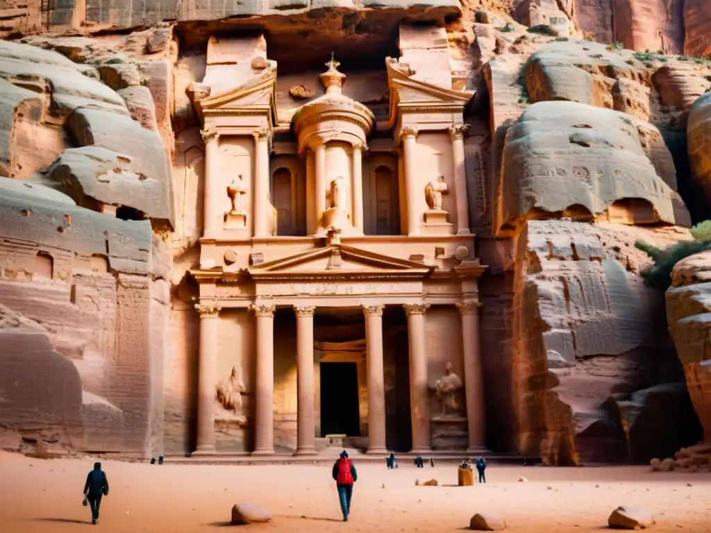 Majestuoso AlKhazneh esculpido en roca rosada en Petra, Jordania, bajo la luz dorada del sol