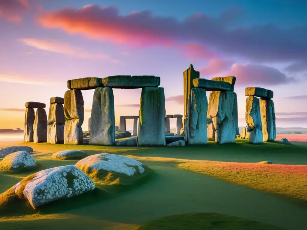 Majestuoso amanecer en Stonehenge: antiguas piedras silueteadas contra un cielo de rosados, naranjas y morados