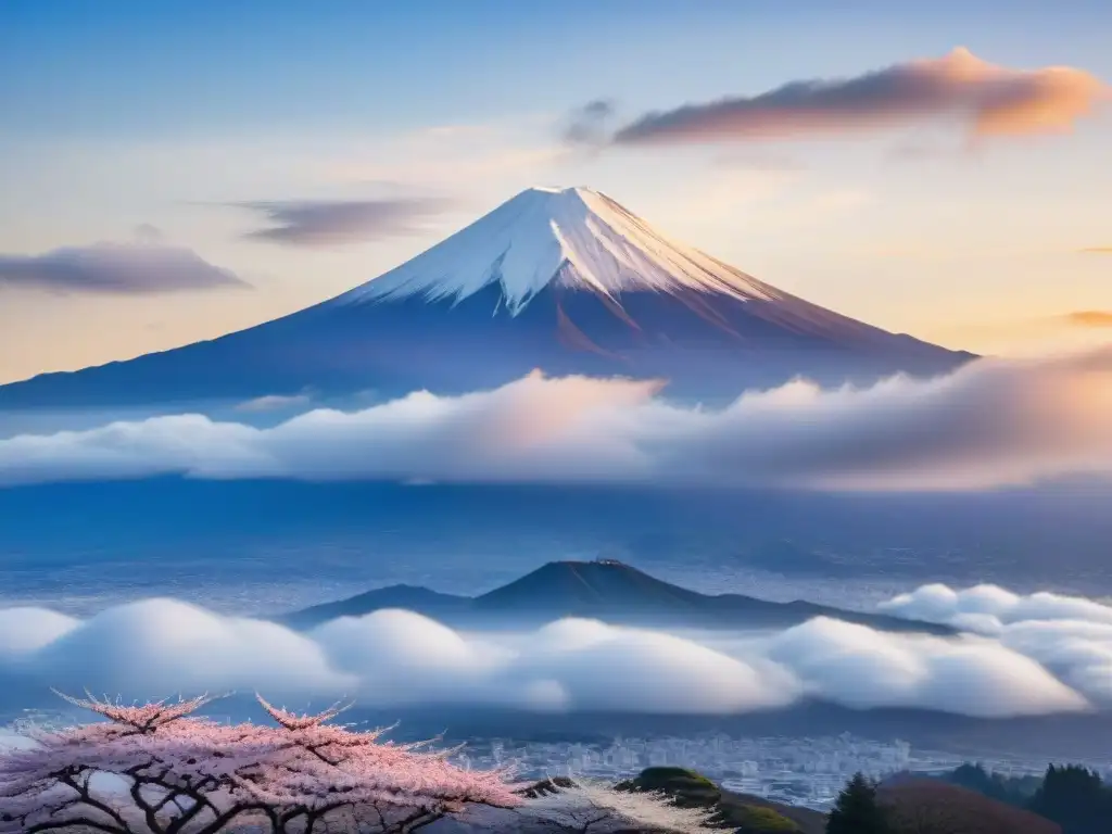 Un majestuoso amanecer en el Monte Fuji con los cerezos en flor y la leyenda de dioses y espíritus