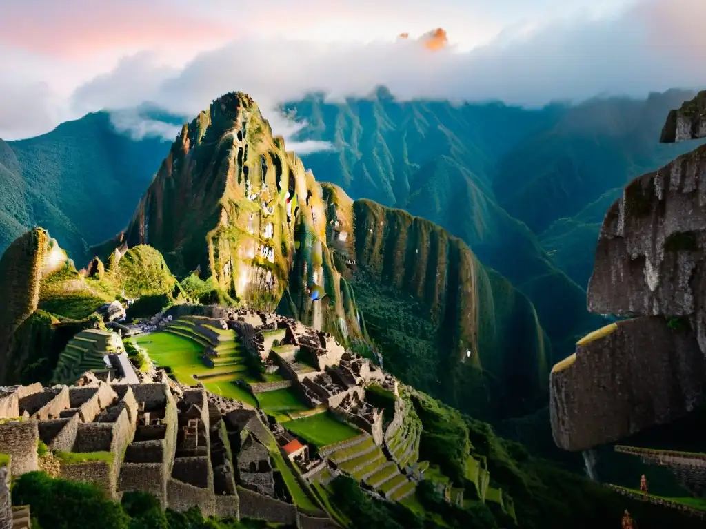 Majestuoso amanecer en Machu Picchu, con ruinas ancestrales bañadas en luz dorada y neblina abrazando montañas