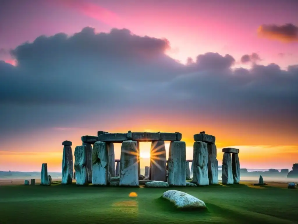 Majestuoso amanecer en Stonehenge durante el solsticio de verano, con personas reunidas para presenciar el evento