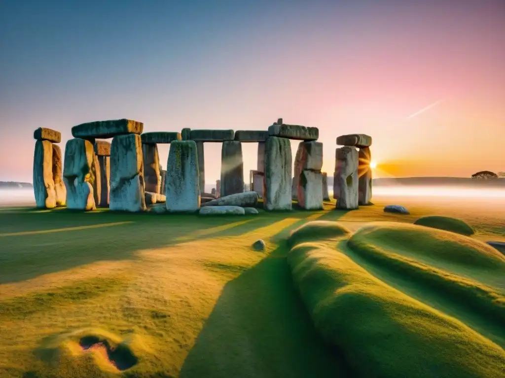 Majestuoso amanecer en Stonehenge, templos solares antiguos, piedras místicas, sol entre trilitón, cielo rosa y oro