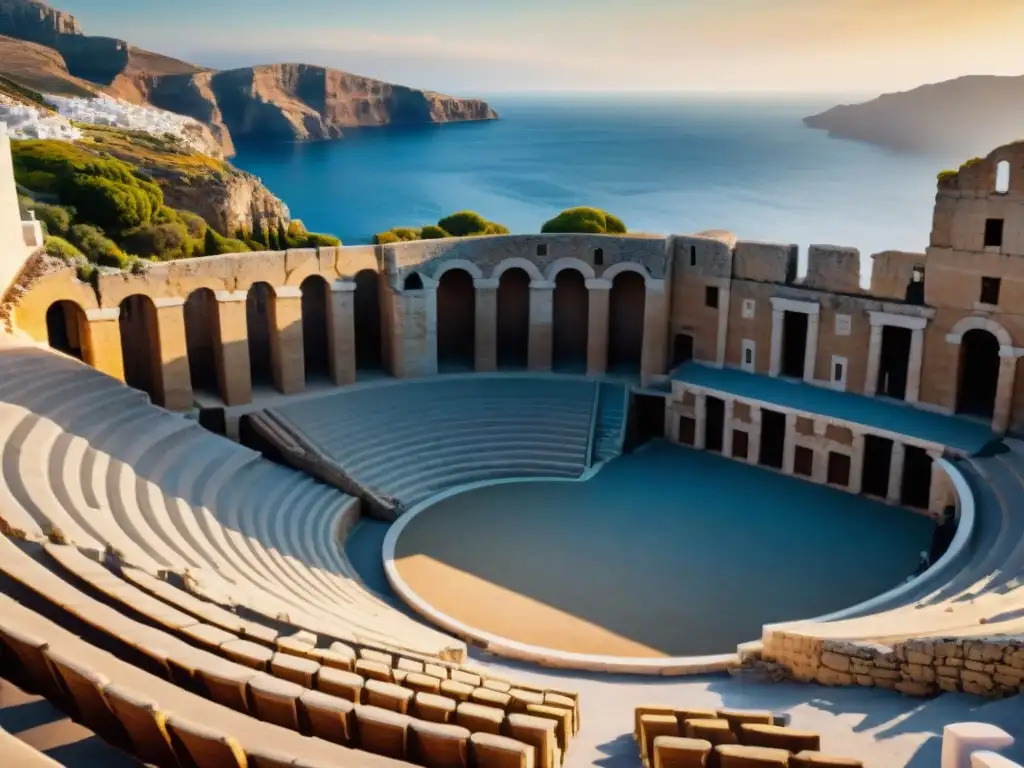 Majestuoso anfiteatro griego iluminado por la luz dorada del sol, evocando la Ética en la Tragedia Griega