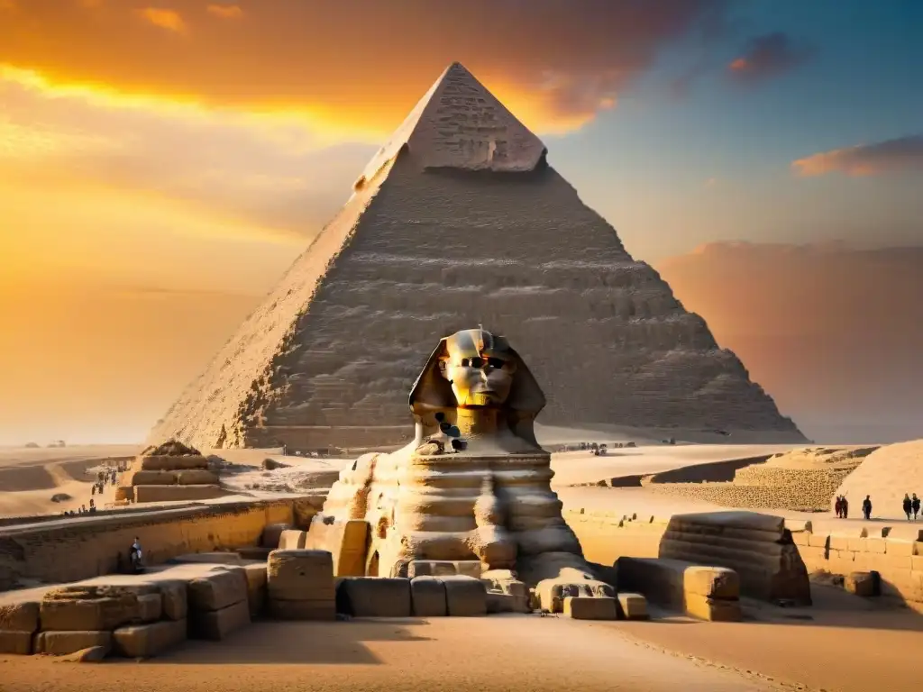 Majestuoso atardecer: la Esfinge en frente de la Gran Pirámide de Giza, reflejando secretos pirámides egipcias descubrimiento