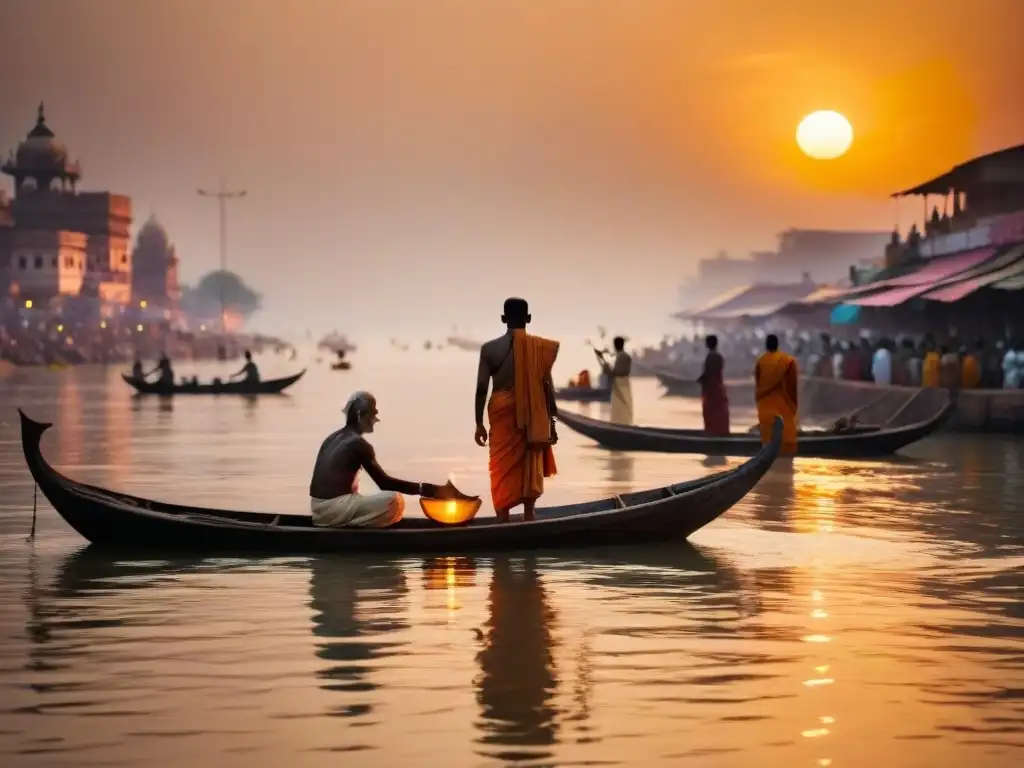 Majestuoso atardecer en el río Ganges en Varanasi, India, reflejando la esencia espiritual y cultural de la filosofía hindú reencarnación karma