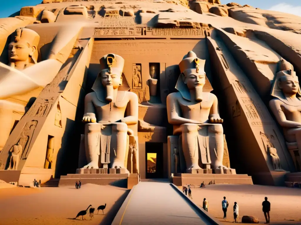 Majestuoso atardecer en el Templo de Abu Simbel con estatuas de Ramsés II y misterioso vuelo de aves