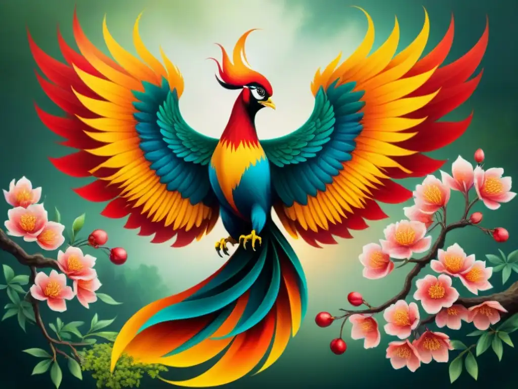 Majestuoso Ave Fénix en pintura china, simbolismo de culturas antiguas con plumaje rojo, naranja y dorado entre llamas y naturaleza exuberante