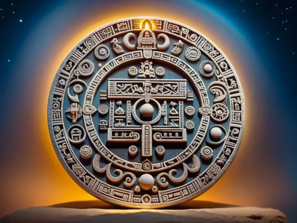 Majestuoso calendario maya esculpido en piedra, iluminado por la luna en la noche estrellada