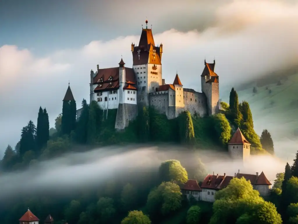 Majestuoso Castillo de Bran Drácula envuelto en misterio, con la luz del amanecer sobre los Montes Cárpatos