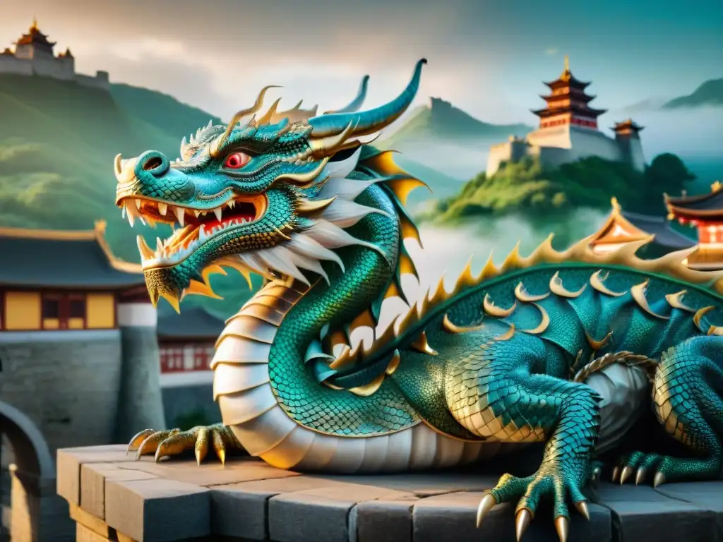 Majestuoso dragón europeo y templo asiático: mitos entrelazados Dragón majestuoso rodeando castillo medieval y templo asiático, comparando mitos culturas europeas asiáticas