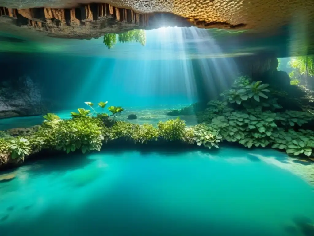 Majestuoso cenote maya en la Península de Yucatán: agua turquesa, vegetación exuberante, luz solar revelando artefactos antiguos