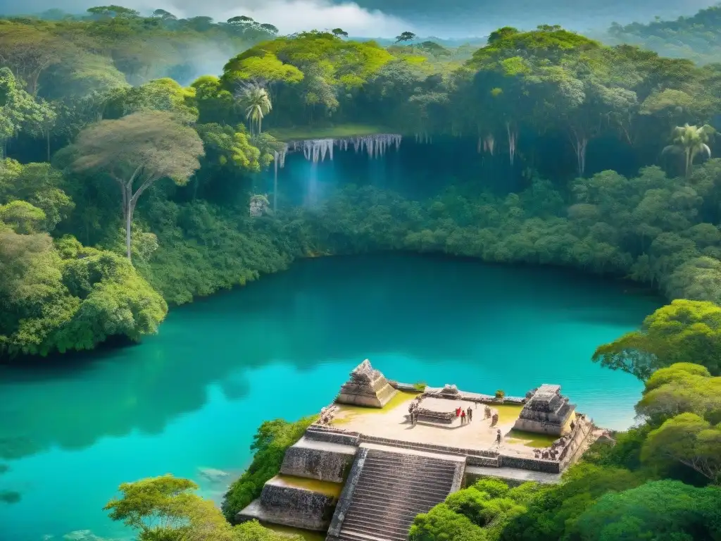 Majestuoso cenote sagrado de Chichen Itza, con aguas turquesas rodeadas de vegetación exuberante y ruinas antiguas