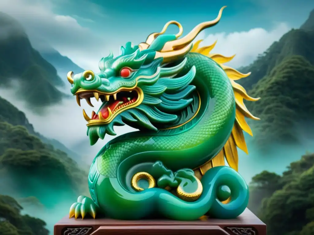 Un majestuoso dragón chino esculpido en jade junto a un antiguo talismán, evocando la protección y poder de la antigua China