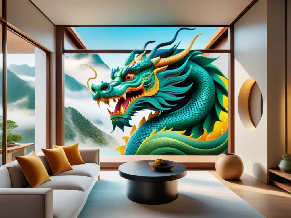 Un majestuoso dragón chino pintado a mano serpenteando en una sala moderna, fusionando arte chino con decoración moderna