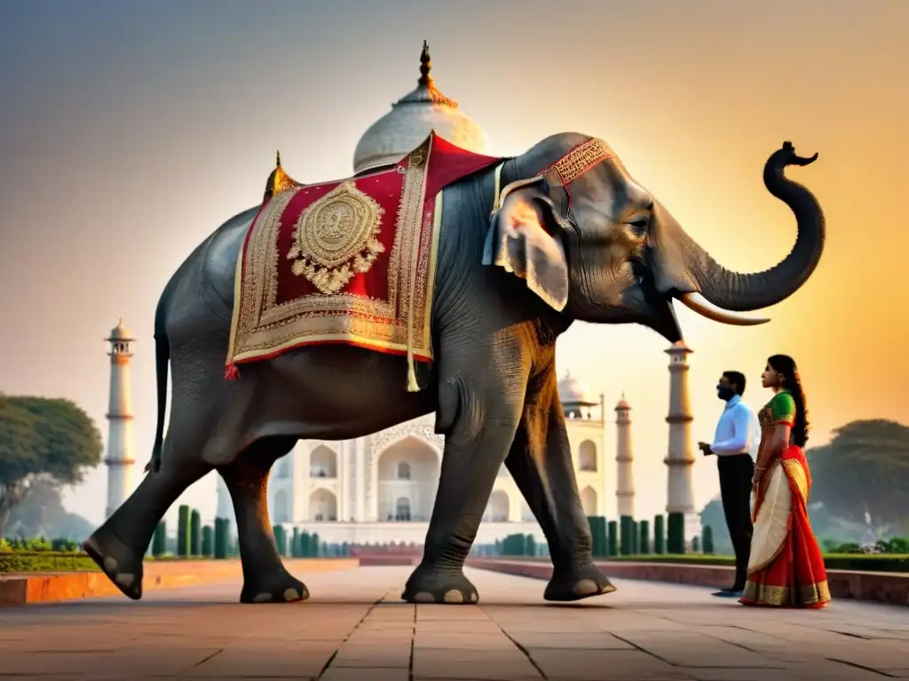 Majestuoso elefante adornado frente al Taj Mahal al amanecer, simbolizando el significado de los elefantes en la India antigua