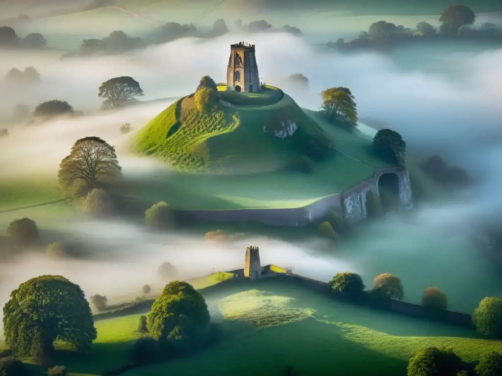 Majestuoso Glastonbury Tor envuelto en misteriosa neblina, con ruinas de la Abadía al fondo