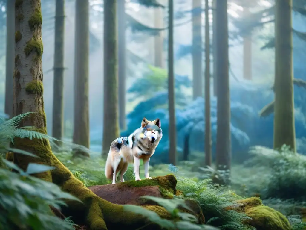 Majestuoso lobo blanco en claro del bosque, rodeado de animales