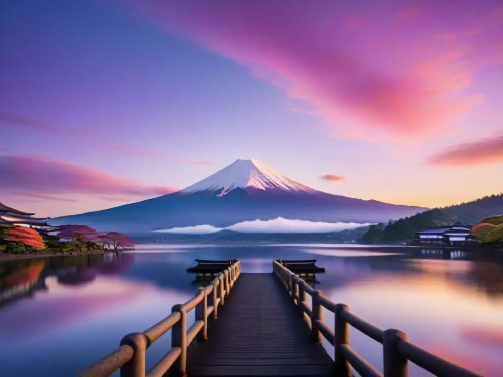 El majestuoso Monte Fuji, leyenda de dioses y espíritus, reflejado en un lago al amanecer con un cielo naranja y rosado