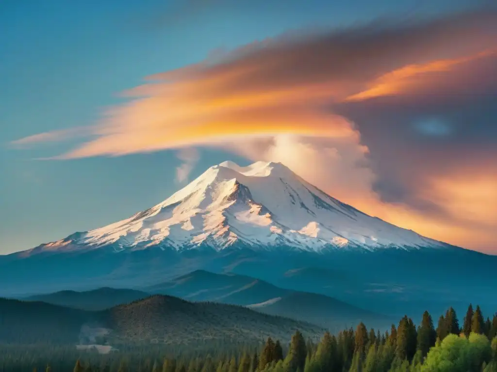 Un majestuoso Monte Shasta, vórtice energético, bañado por la luz dorada del atardecer, rodeado de naturaleza exuberante