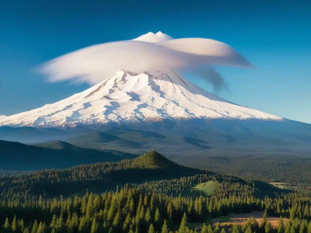 El majestuoso Monte Shasta vórtice energético, misterioso y encantador, entre bosques verdes y nubes suaves