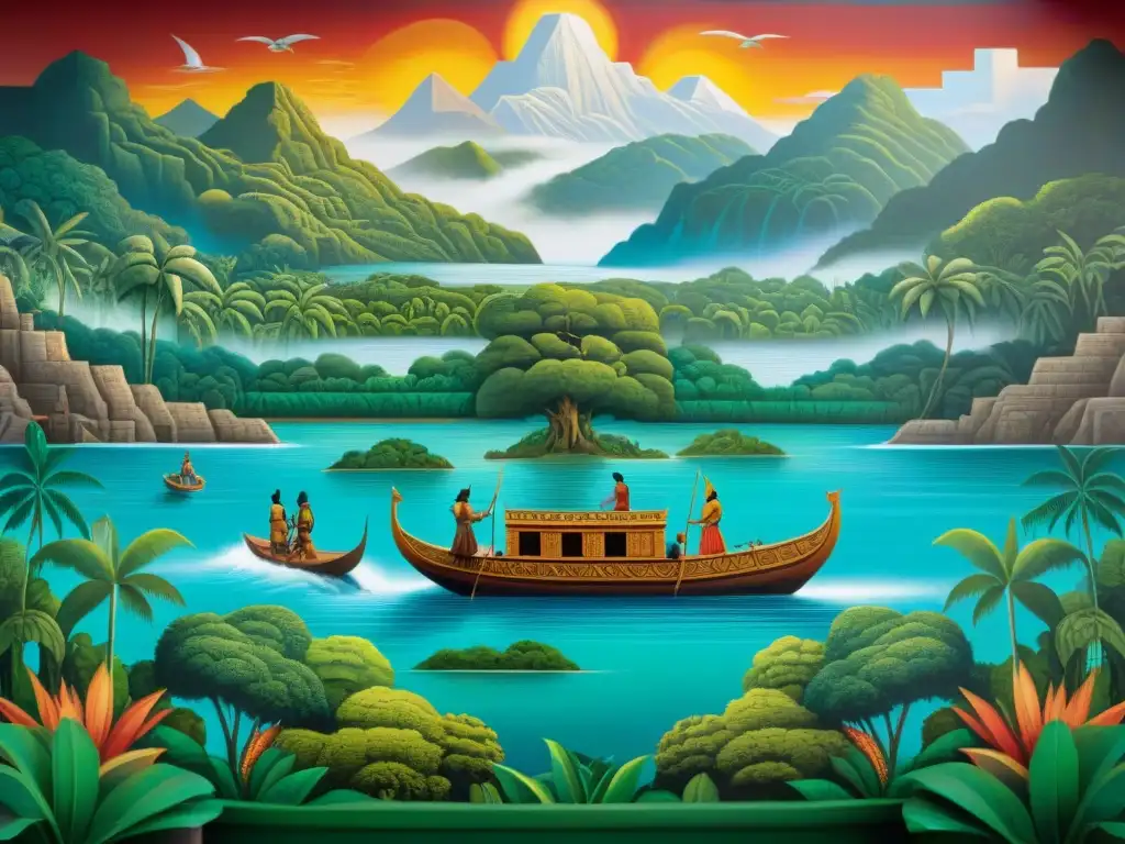 Mural precolombino del diluvio: escena mitológica detallada Majestuoso mural de mitos diluvio en civilizaciones precolombinas