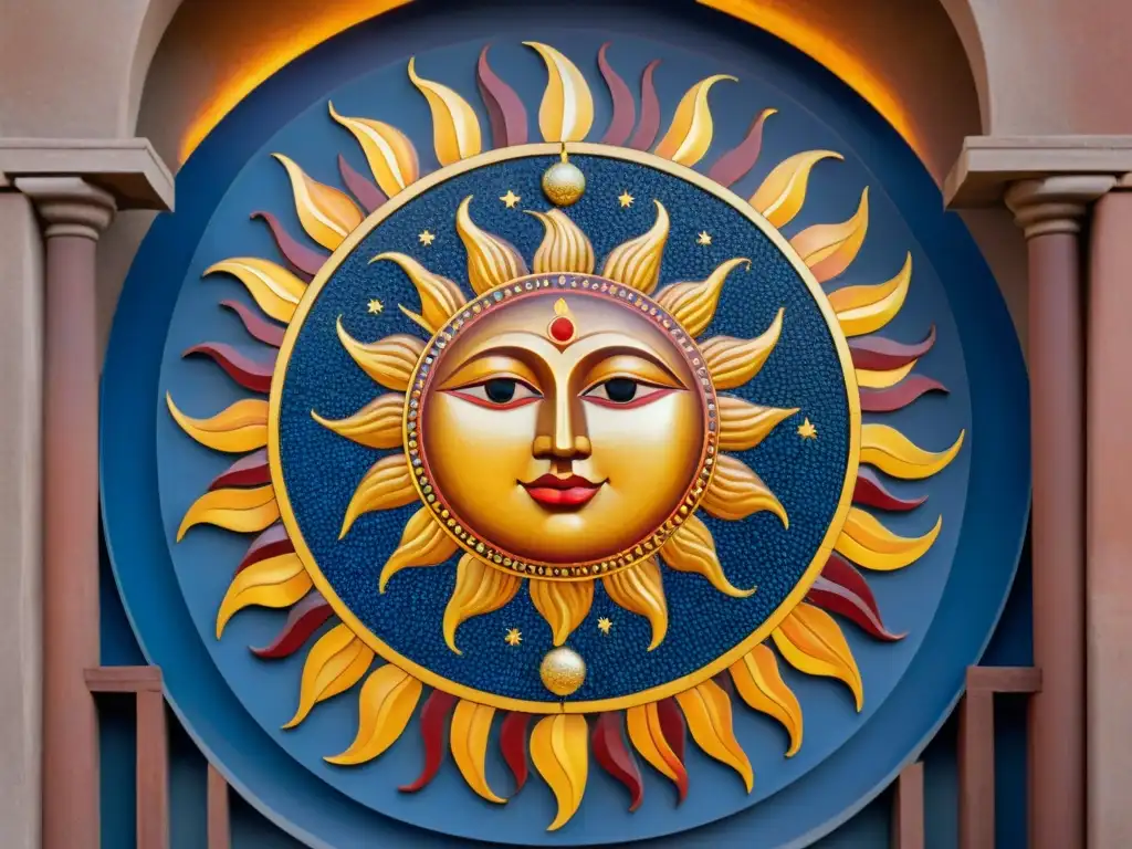 Un majestuoso mural de mosaico en un patio grande, con el sol y la luna en armoniosa danza