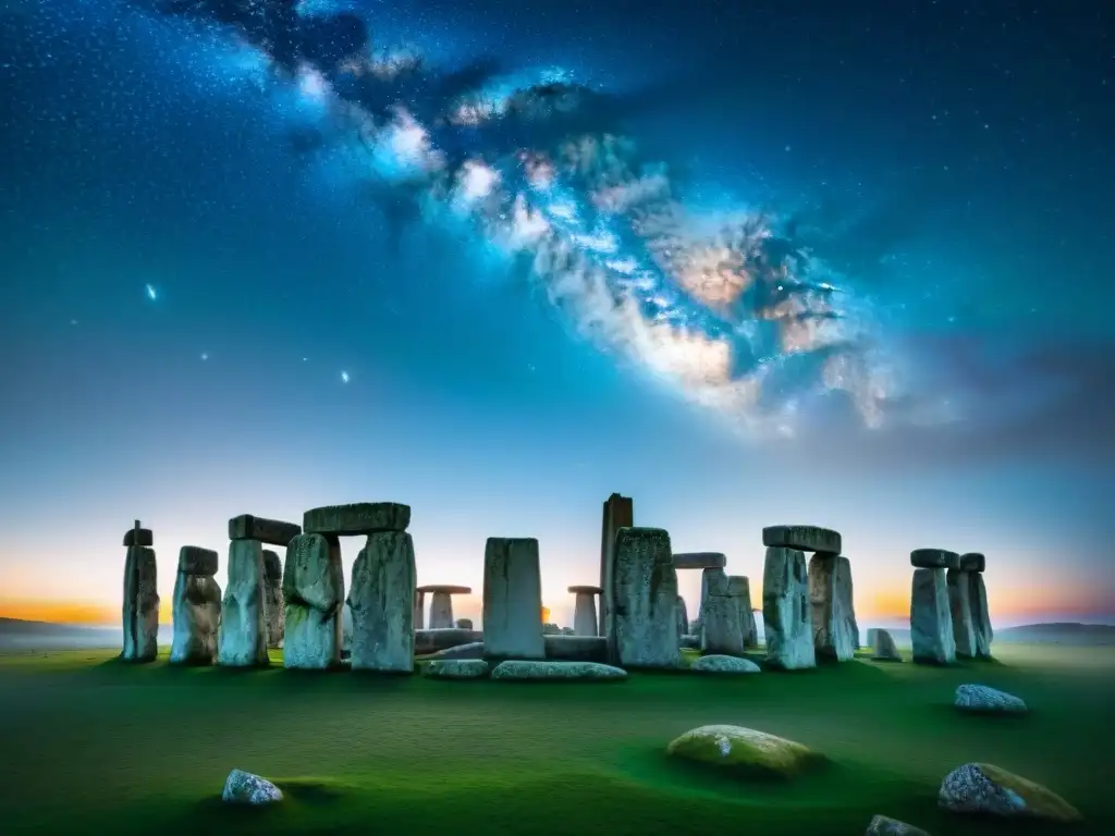 Majestuoso Stonehenge de noche, con las antiguas piedras destacadas bajo un cielo estrellado